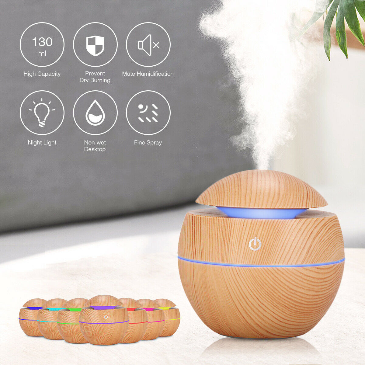 USB Aroma Humidifier Essential Oil Diffuser – Ultrasonic Cool Mist with 7-Color Changing LED Light, Wood Finish, 130ml