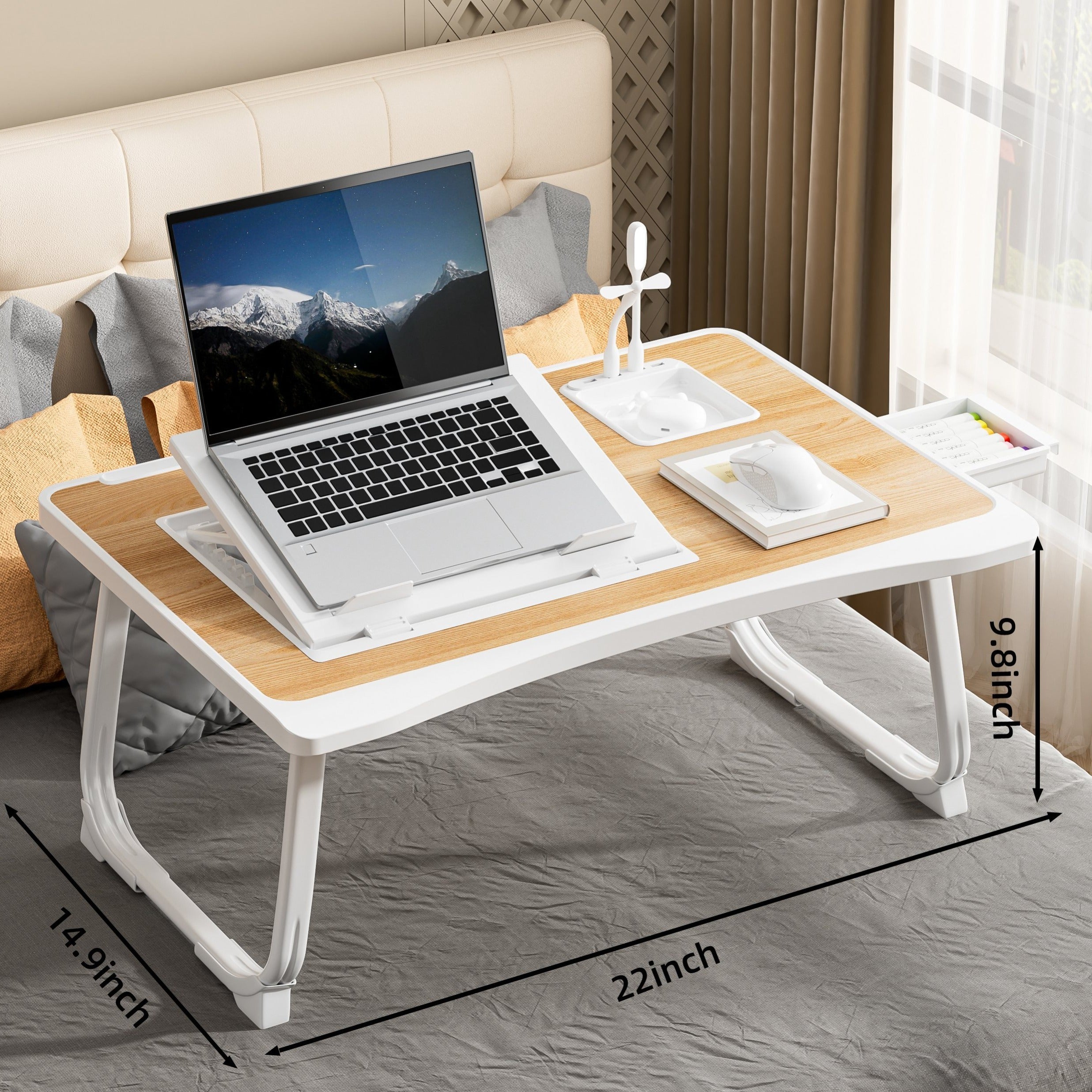 Foldable Laptop Desk for Bed or Couch – Work-from-Bed Table with Cup Holder, Drawer & Adjustable Legs