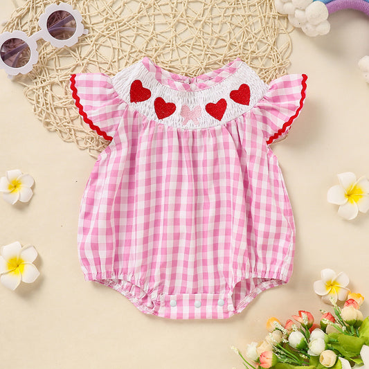 Newborn Baby Girls Valentine’s Day Romper ❤️ Plaid Heart Embroidery with Ruffle Sleeves 👶