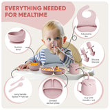 Silicone Baby Feeding Set 10 PCS – Suction Bowl, Divided Plate, Bib, Spoon & Fork, Snack Cup (Sakura Pink)
