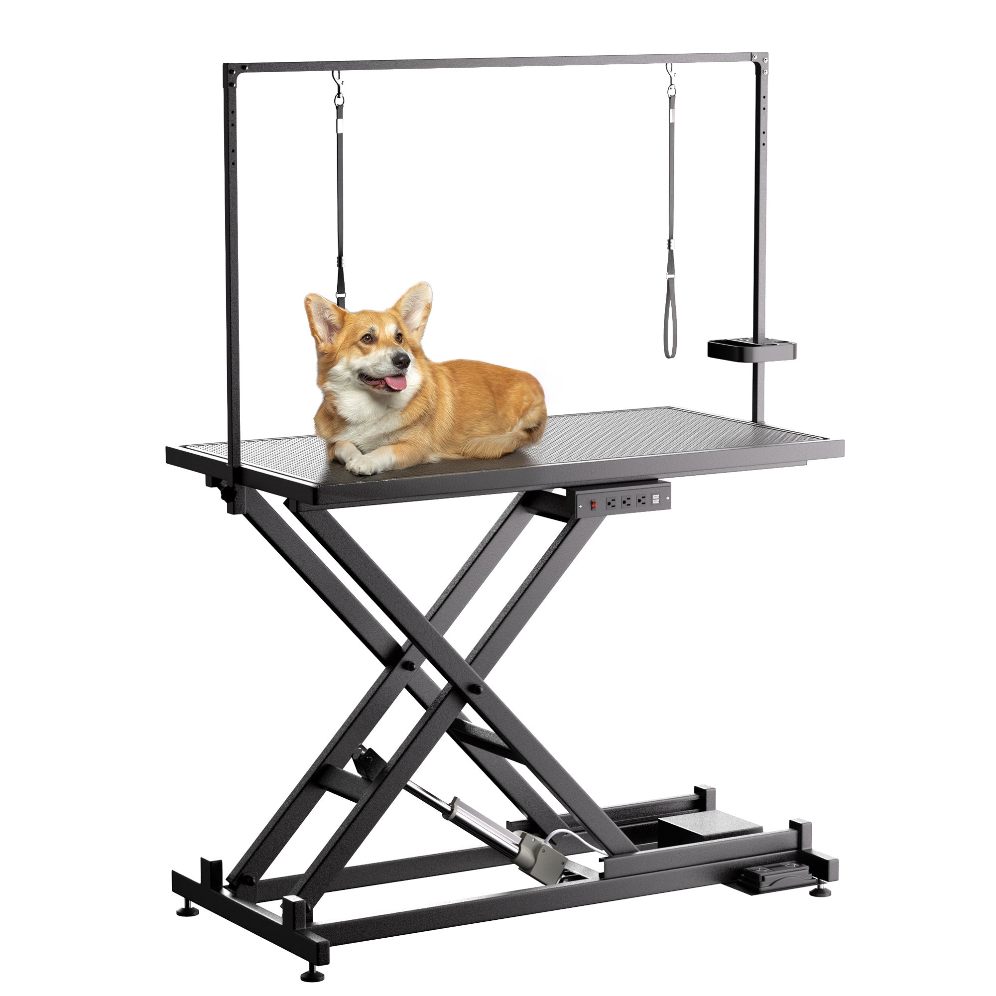 Height-Adjustable Pet Grooming Table – 50″ Electric Lift Station with Leveling Wheels, Grooming Arm, Non-Slip Top & Tool Organizer (Black)