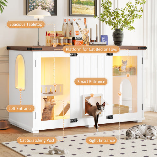 47.25″ Large Cat Litter Box Enclosure with LED Light – Hidden Cat House with Stairs, Scratching Post & Smart Doors (White)