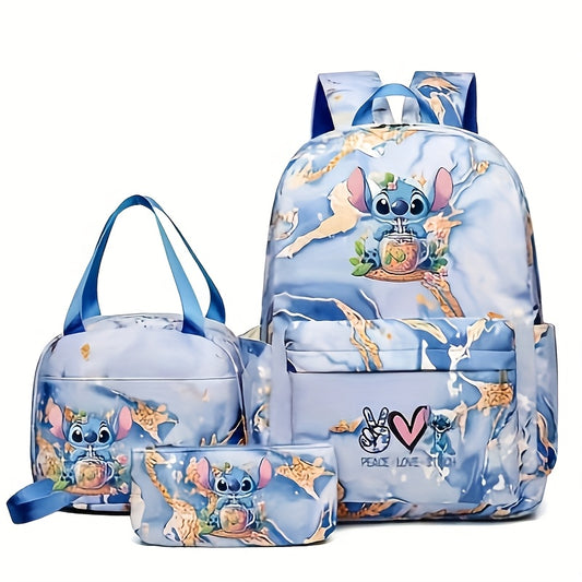 Disney Stitch 3-Piece Backpack Set – Large Capacity Nylon Backpack + Lunch Bag + Accessories, Trendy Mixed Colors