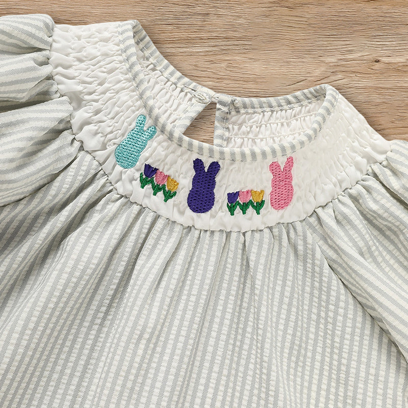 Infant Baby Girls Easter Bunny Smocked Dress – Embroidered Short Sleeve Summer Outfit
