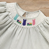 Infant Baby Girls Easter Bunny Smocked Dress – Embroidered Short Sleeve Summer Outfit