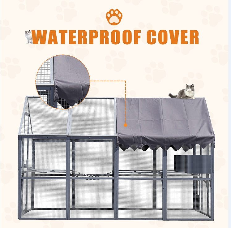 Outdoor Cat House Enclosure – Large Cat Fence with Upgraded Waterproof Cover (Grey)