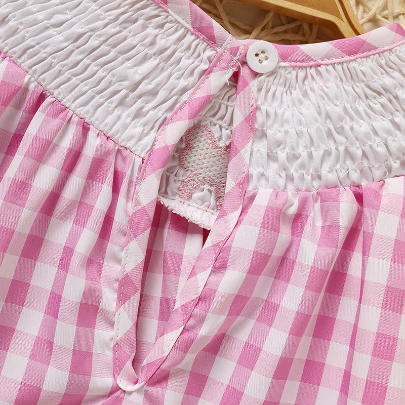 Baby Girl Valentine’s Day Dress – Pink Plaid Outfit with Heart Embroidery & Ruffle Sleeves