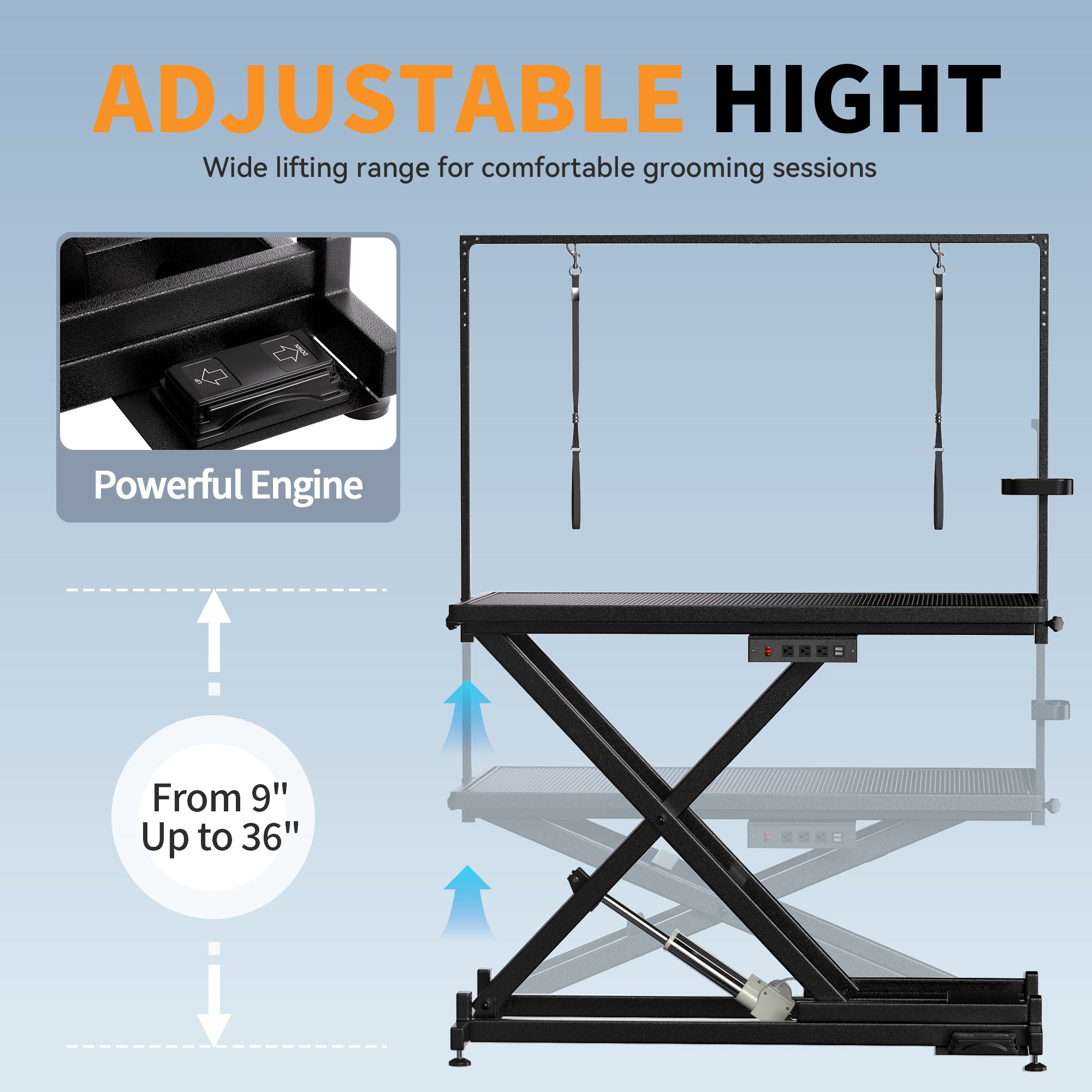 Height-Adjustable Pet Grooming Table – 50″ Electric Lift Station with Leveling Wheels, Grooming Arm, Non-Slip Top & Tool Organizer (Black)