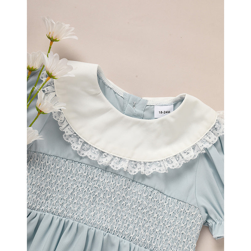 Toddler Girls Smocked Dress – Cute Puff Short Sleeve Princess Outfit with Lace Crew Neck, Elegant Party Dress for Birthdays & Special Occasions
