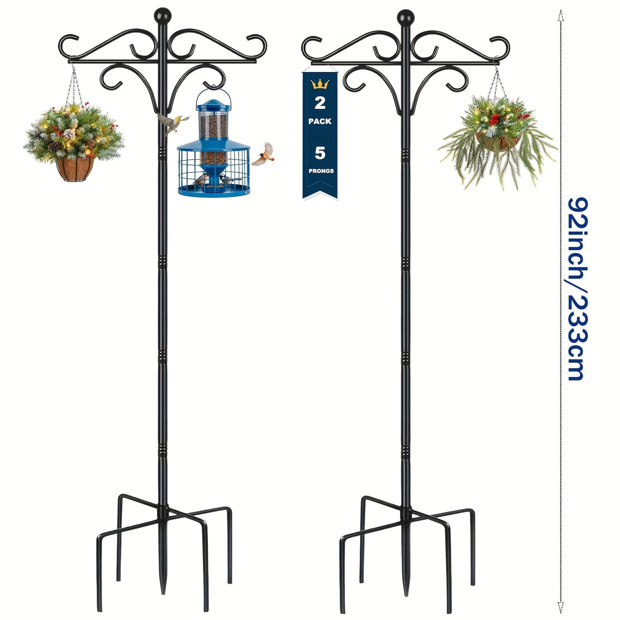 Two Heavy-Duty 76-Inch Outdoor Metal Shepherd’s Hooks – Double Bird Feeder Pole with Five-Finger Adjustable Plant Hooks, Garden & Wedding Décor