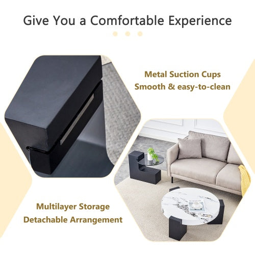 Modern Double-Layer Round Coffee Table ☕ Transparent Gray Glass Top with Black MDF Legs – Space-Saving Design