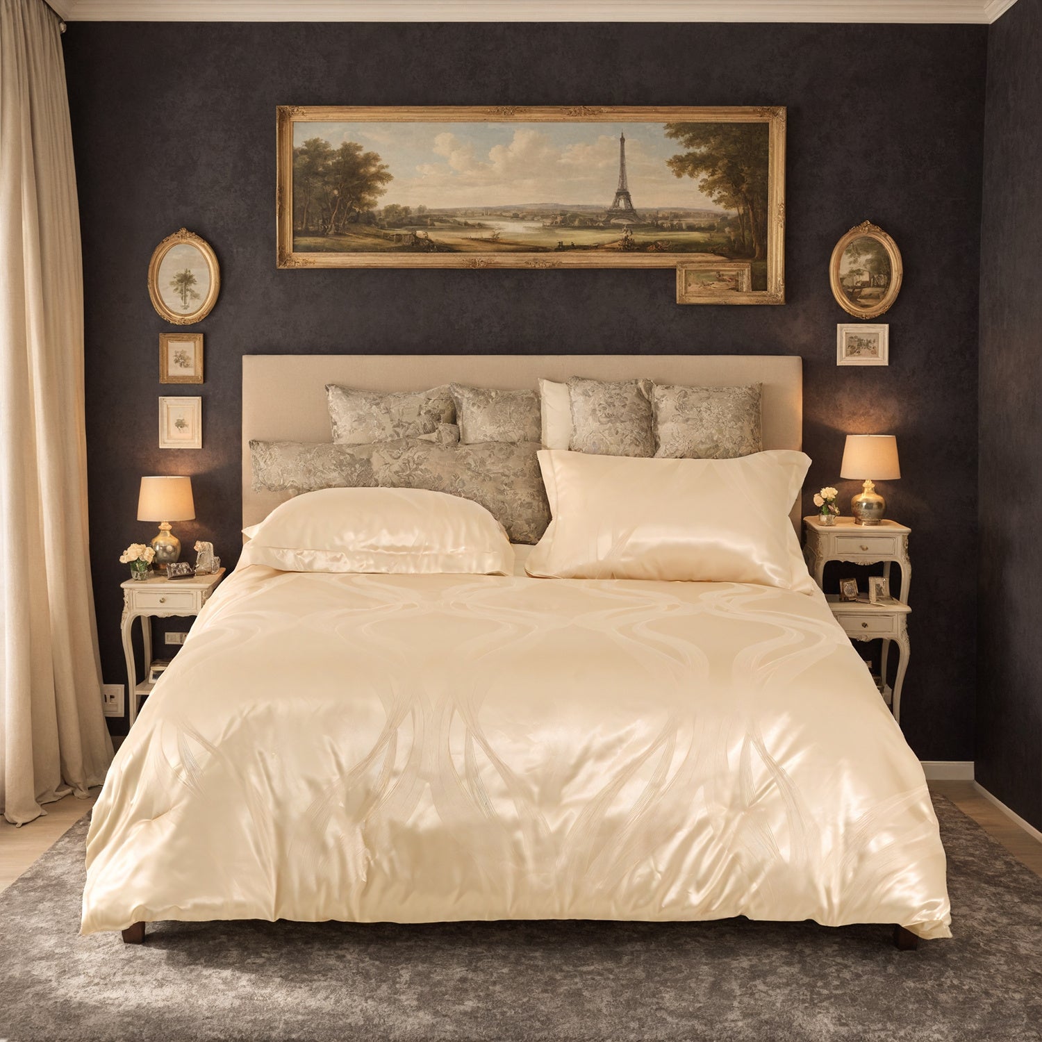 Luxurious Satin Microfiber Bedding Set – Double-Sided Jacquard Italian-Style Gold with Ultra-Shine, 3-Piece King-Size Quilt Cover & Pillowcase, Machine-Washable