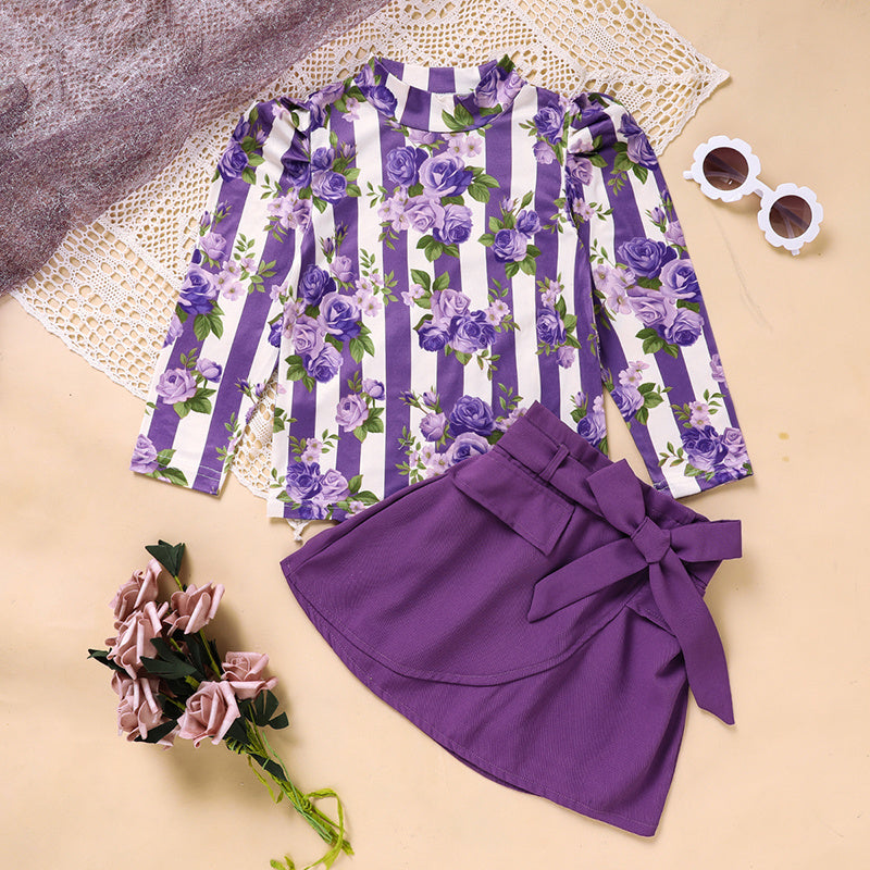 Toddler Girl Purple Rose Print Outfit – Stripe Top with Belted Skirt Set, Cute Holiday & Going Out Clothes for Spring and Fall