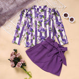 Toddler Girl Purple Rose Print Outfit – Stripe Top with Belted Skirt Set, Cute Holiday & Going Out Clothes for Spring and Fall