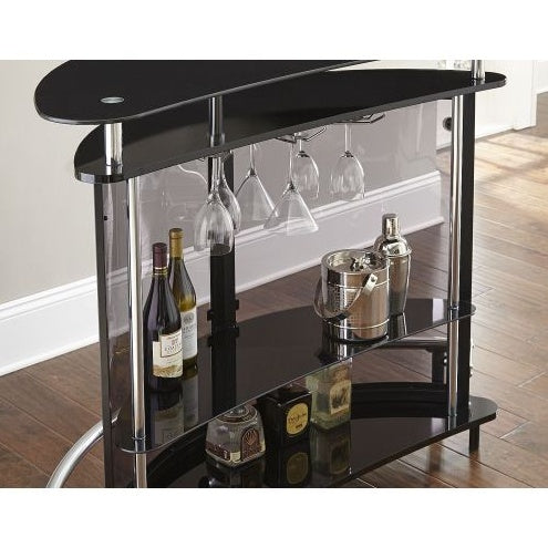 Ariana Bar Table/Server – Demilune Mixed-Media Bar with Smoked Glass Shelves, Stemware Holder & Footrest, 51" × 21" × 41" (Black)