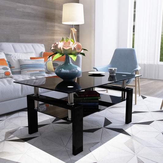 Modern Black Glass Rectangle Coffee Table ✨ Sleek Side & Center Table for Stylish Living Rooms