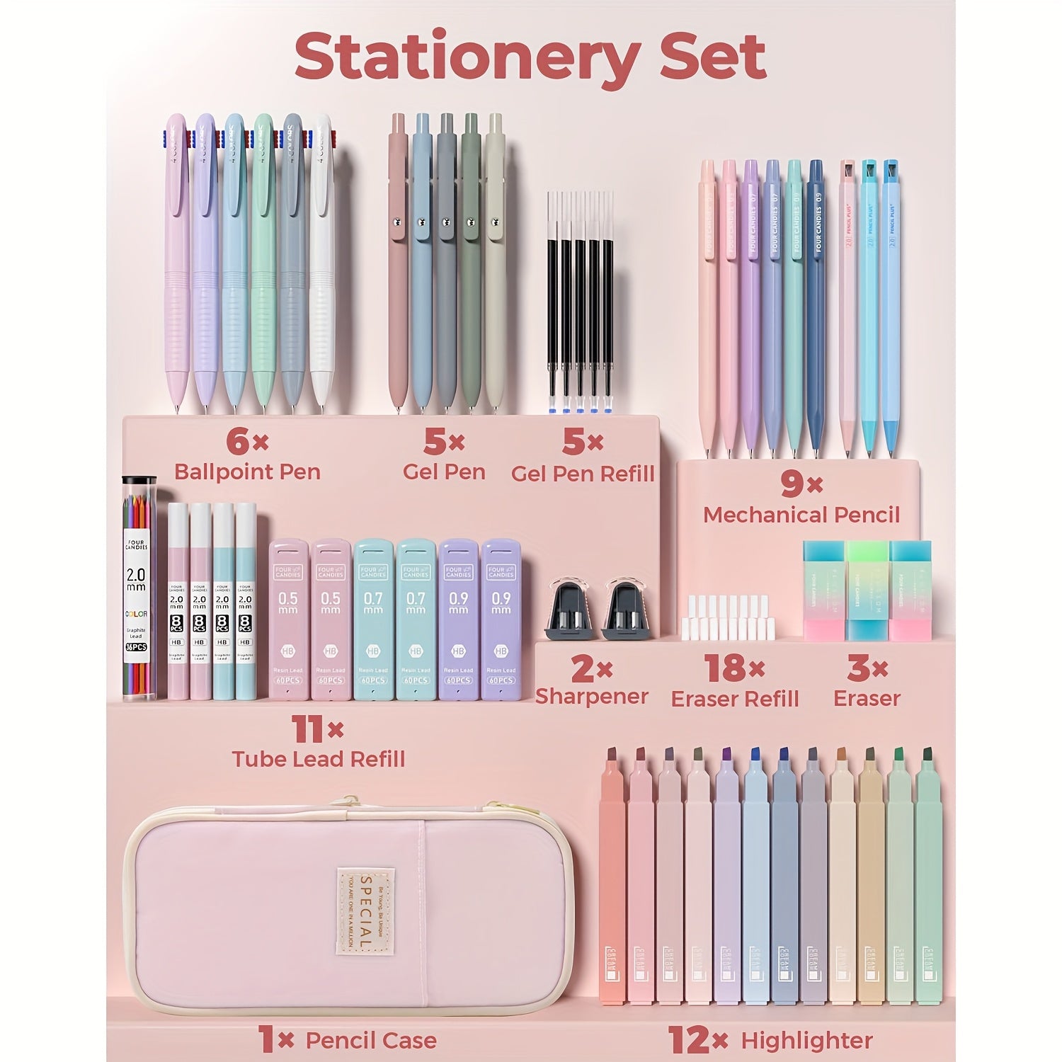 56 PCS Aesthetic School Supplies Set with Large Pencil Case – 6 Ballpoint Pens, 12 Pastel Pencils, 5 Gel Pens & 9 Automatic Pencils 🎒