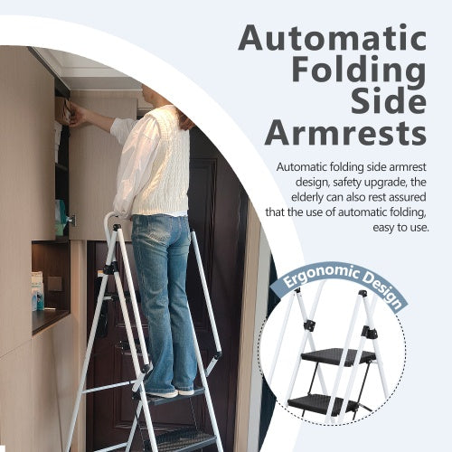 Durable 4-Step Folding Ladder with Safety Handle & Anti-Skid Pedals