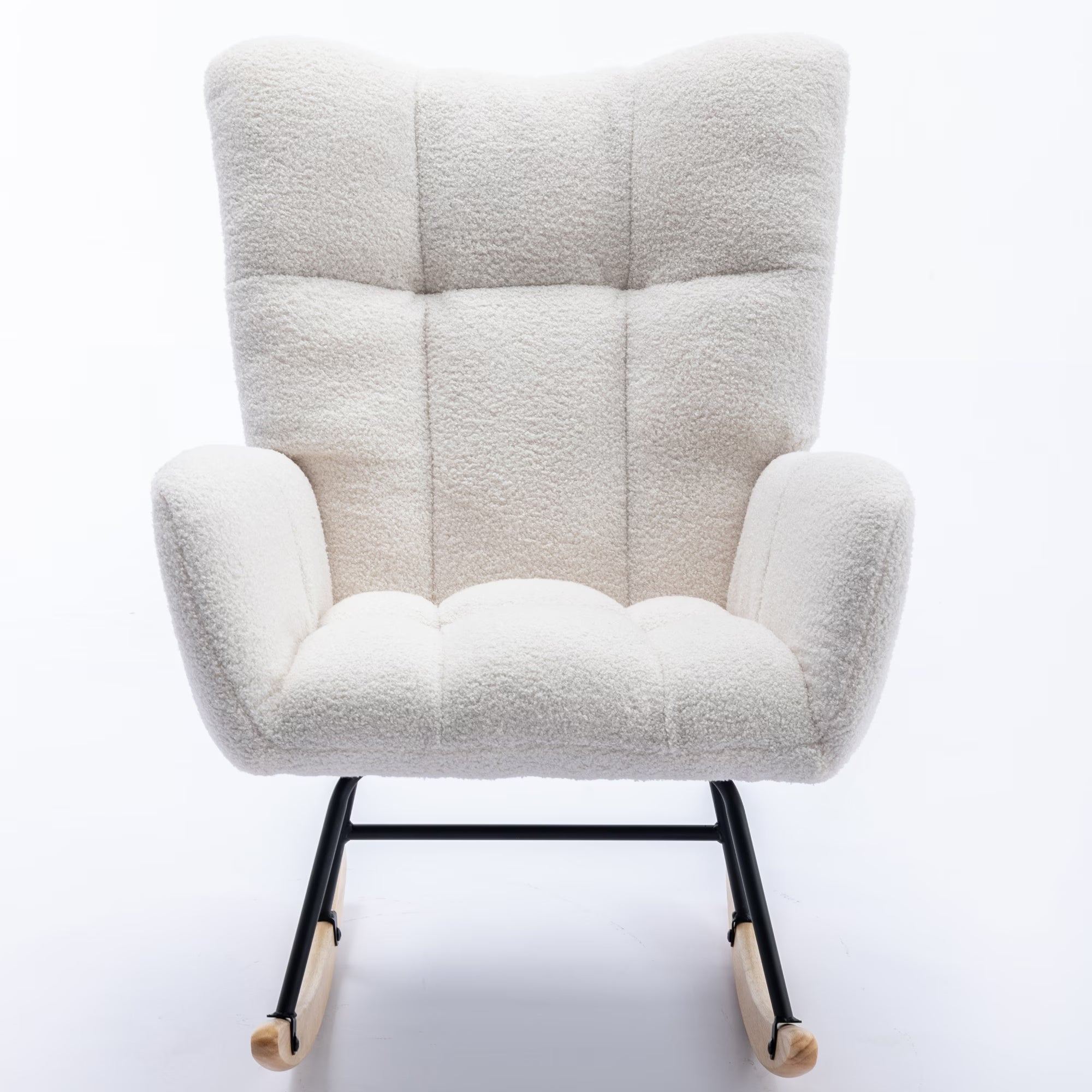 Comfy Teddy Fabric Rocking Chair - Ergonomic Wingback Glider with Solid Wood Base and Side Pocket | Nursery & Living Room