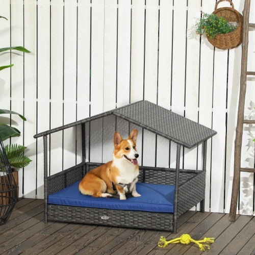 PawHut Wicker Dog House – Outdoor Rattan Bed with Canopy & Water-Resistant Cushion for Small & Medium Dogs