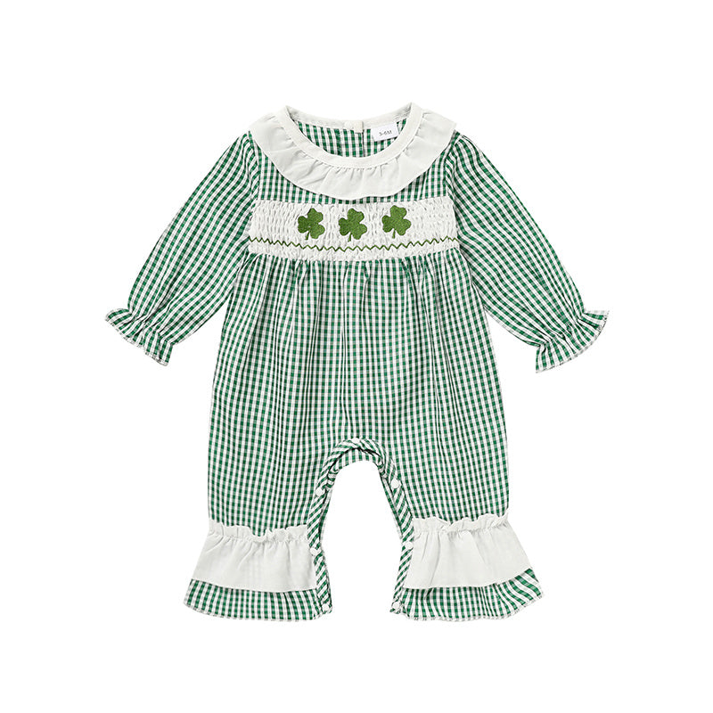 Newborn Baby Girl Long Sleeve Bodysuit – Green Plaid Clover Print One-Piece Outfit
