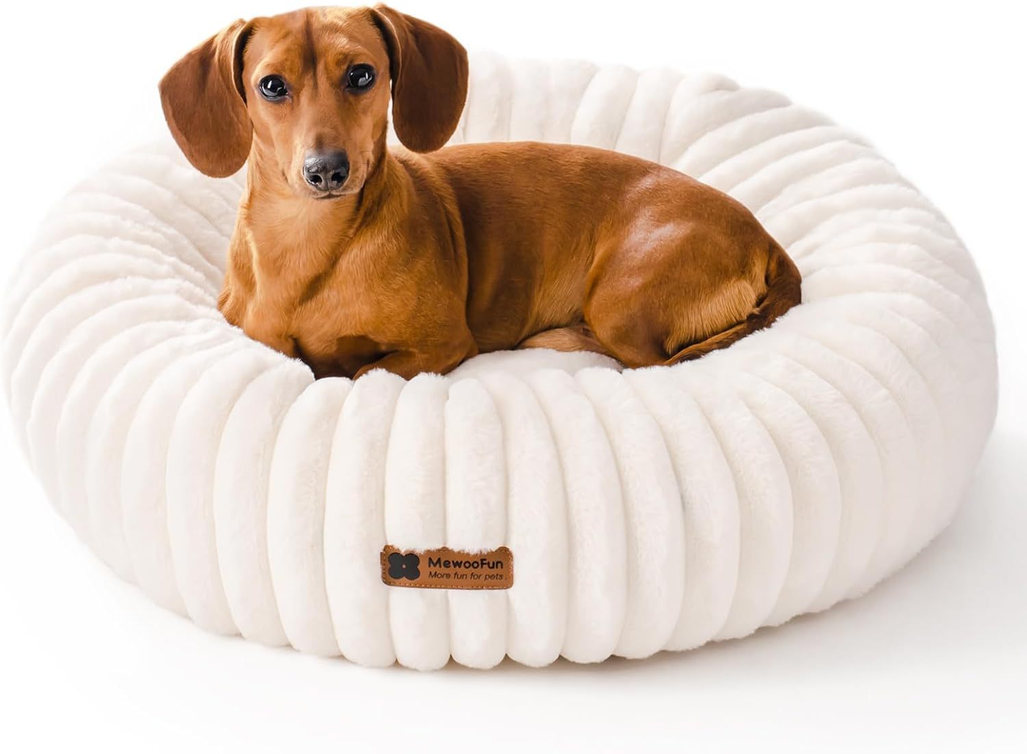 Mewoofun Donut Dog Bed – 25"x25"x7" Cream Calming Round Fluffy Washable Bed with Non-Slip Bottom for Small Dogs, Puppies & Cats