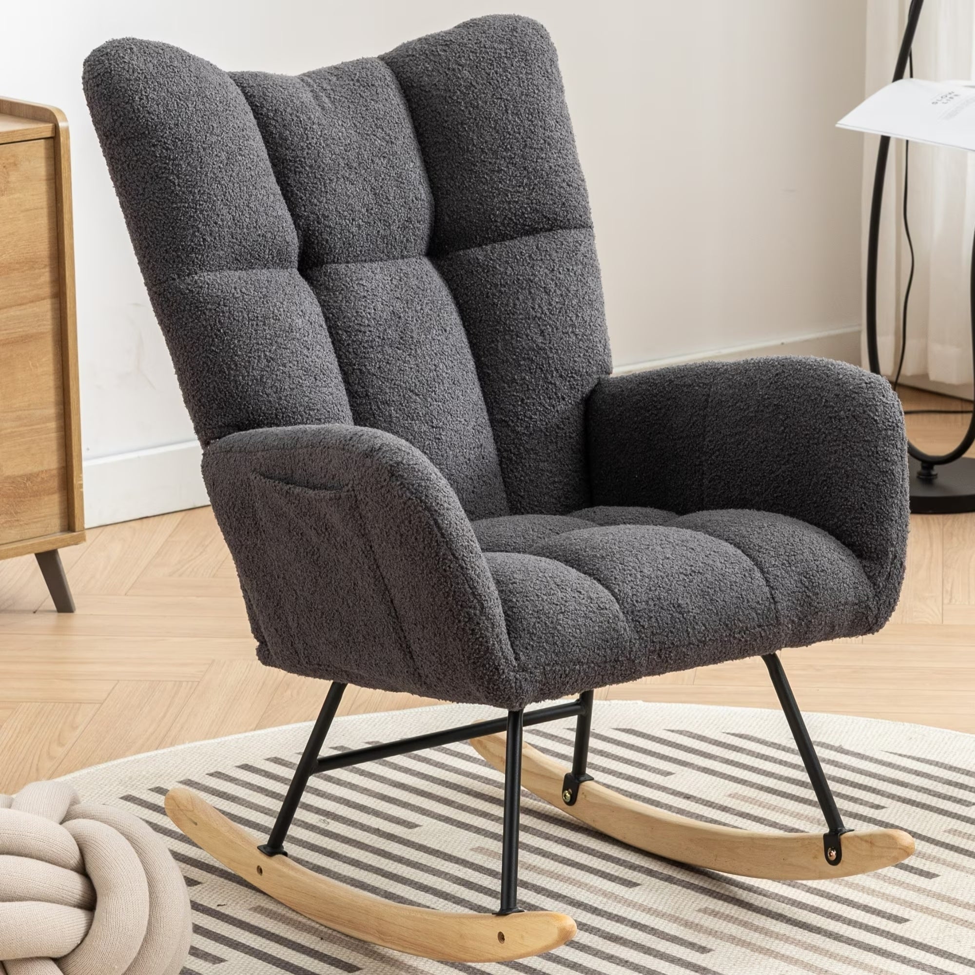 Comfy Teddy Fabric Rocking Chair - Ergonomic Wingback Glider with Solid Wood Base and Side Pocket | Nursery & Living Room