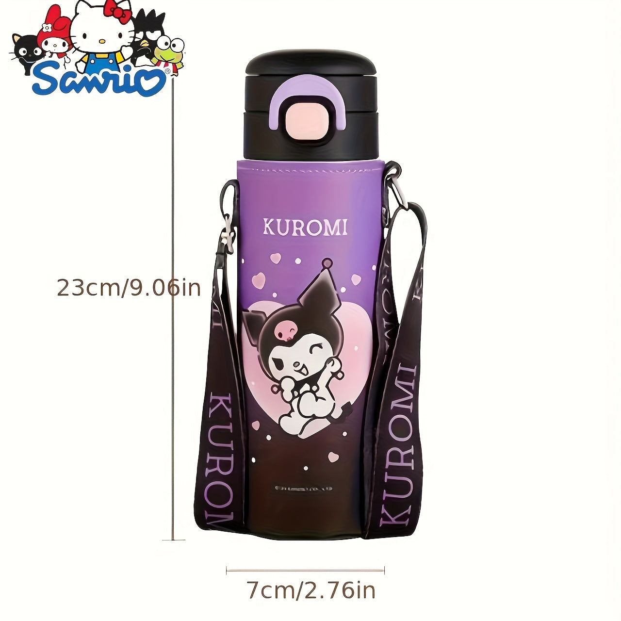 Sanrio Official Stainless Steel Insulated Water Bottle with Straw & Shoulder Strap – Cinnamoroll & Kuromi Travel Sports Edition 🚶‍♀️🥤