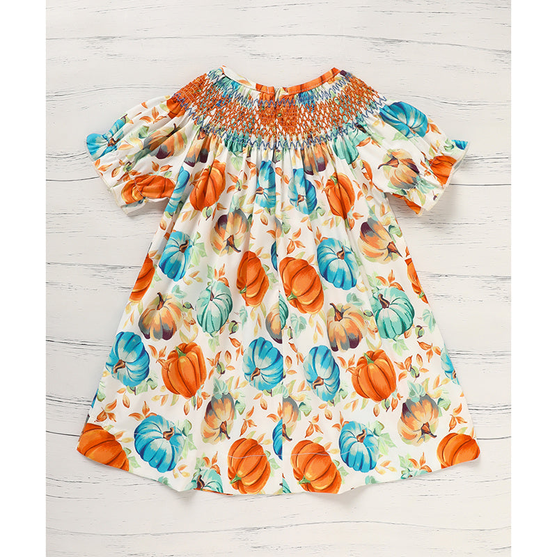 Toddler Baby Girl Pumpkin Smocked Dress – Fall Thanksgiving Halloween Embroidered Princess Party Outfit