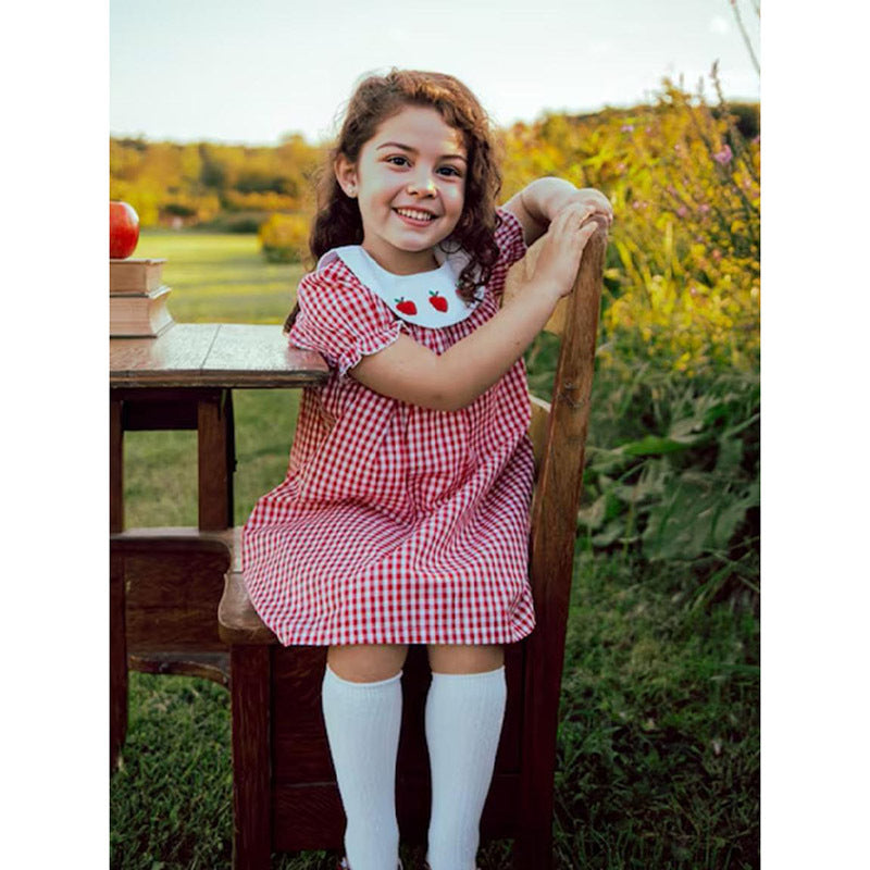 Toddler Kids Girls Back to School Dress – Smocked Collar Puff Sleeve Plaid Embroidered Outfit