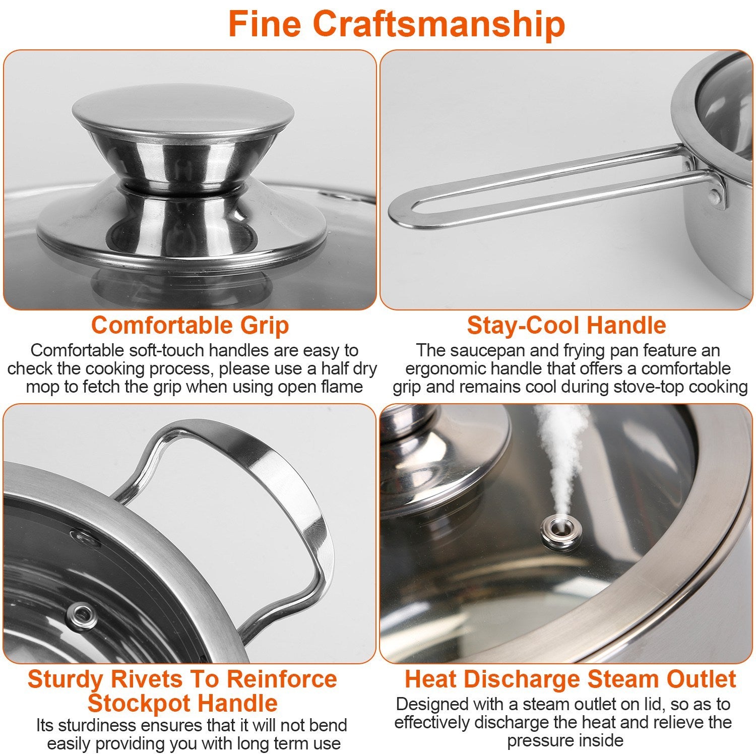 4‑Piece Stainless Steel Cookware Set – Frying Pan, 2 Qt Saucepan, 2.7 Qt & 3.7 Qt Stockpots with Lids