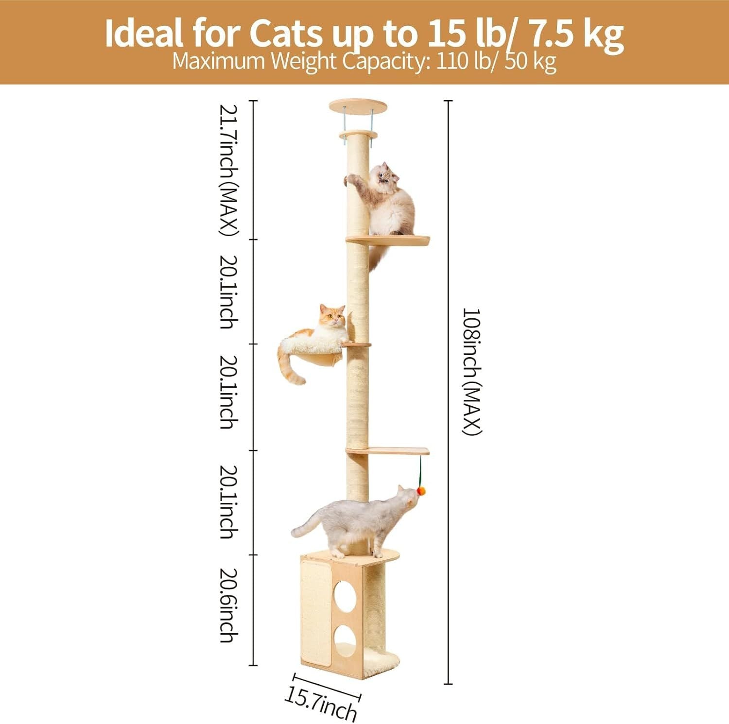 108" Floor-to-Ceiling Cat Tree – Wooden Multi-Level Tower with Sisal Scratching Posts, Perches & Hammock