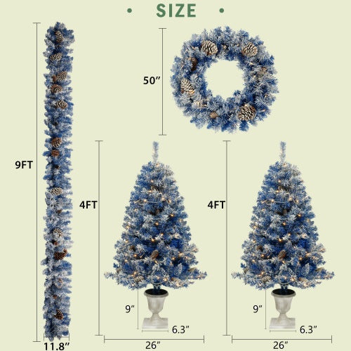 Pre-Lit Christmas 4-Piece Artificial Tree Set – Entrance Trees, Garland & Wreath with LED Lights