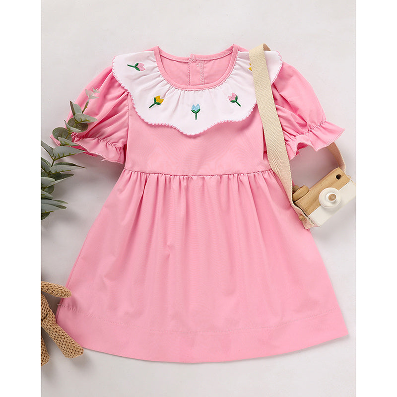 Toddler Baby Girl Spring Tulip Smocked Short Sleeve Dress with Lovely Tulip Embroidery – Princess Outfit