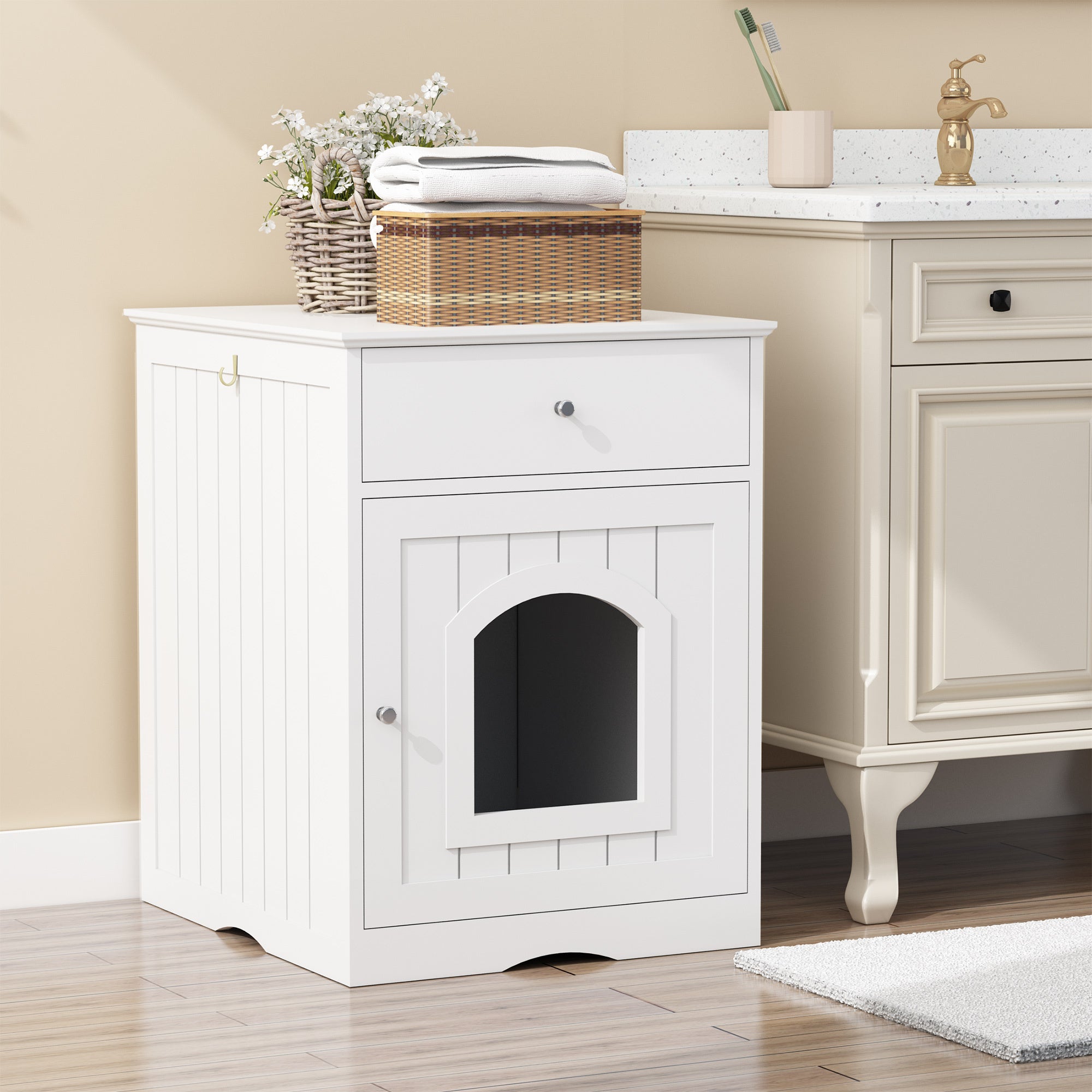Wooden Pet House Litter Box Furniture – Multi-Functional Enclosure with Fence, Drawers & Modern Wooden Design