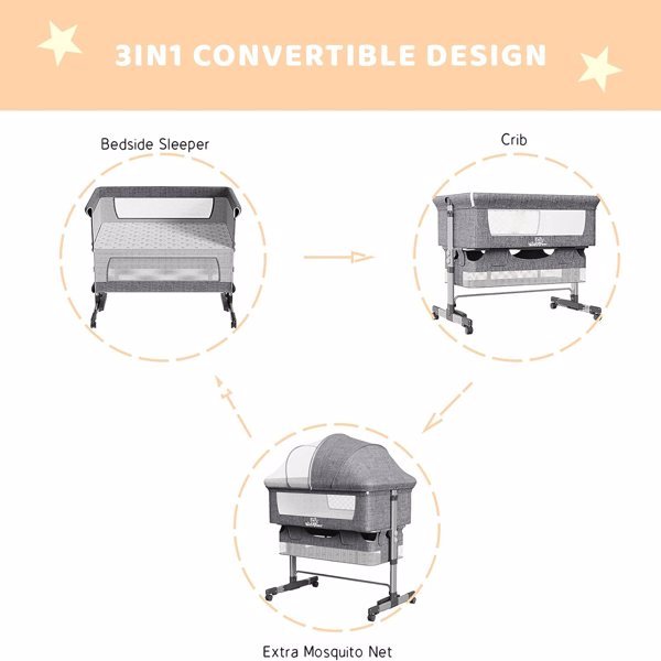 3-in-1 Bedside Crib with Mosquito Net – Baby Bassinet, Co-Sleeper & Travel Bed (Grey)