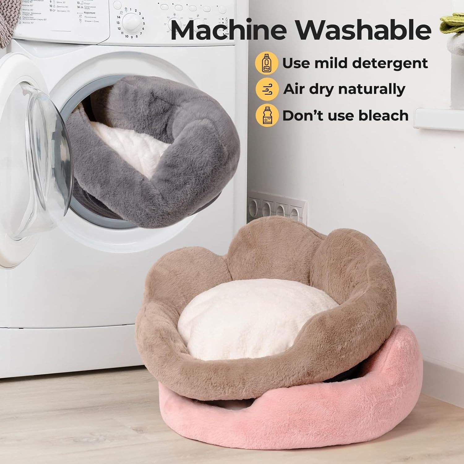 Mewoofun Cat & Small Dog Bed – 23" Grey Fluffy Flower-Shaped Washable Sofa Bed with Non-Slip Bottom for Puppies & Kittens