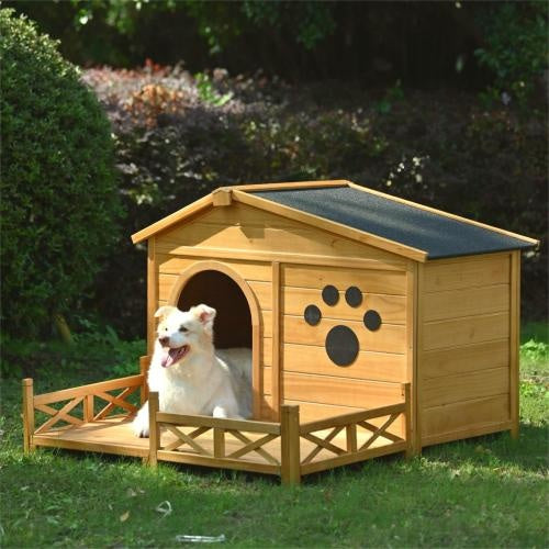 48" Wooden Dog House with Porch – Outdoor/Indoor Kennel with Water-Resistant Asphalt Roof, Fencing & Paw Print Design