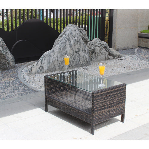 All-Weather Wicker Patio Coffee Table with Glass Top - Outdoor Rattan Center Table