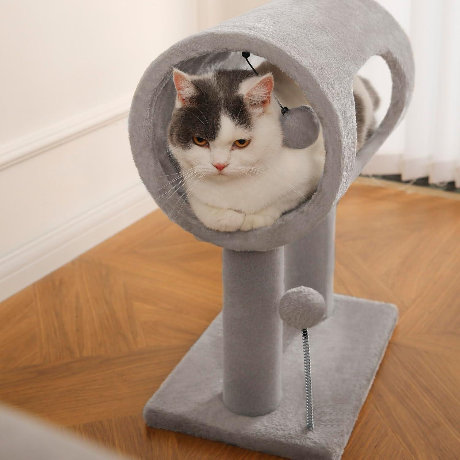 Gray Indoor Cat Tree – 20.5″ Climbing Tower with Scratching Post, Tunnel Bed & Hanging Ball Toy
