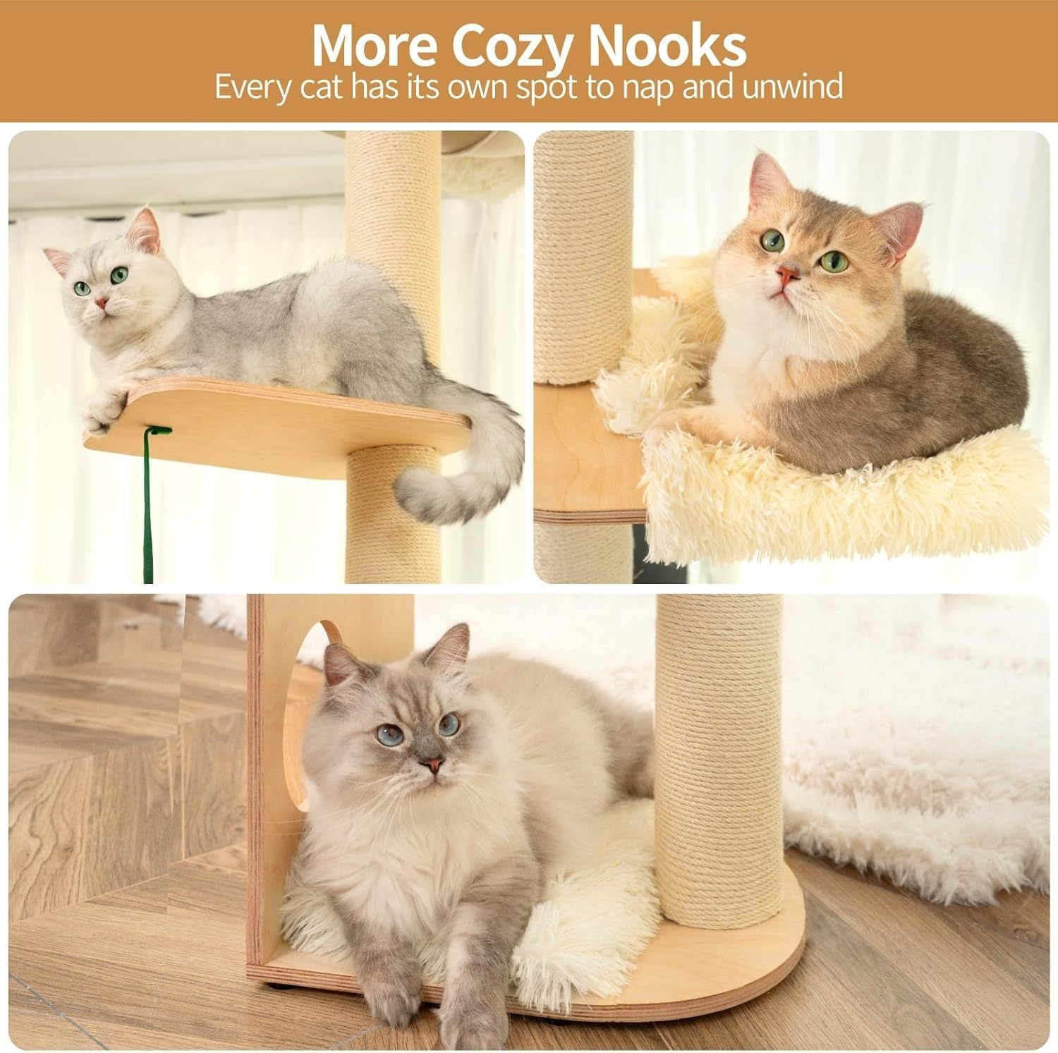 108" Floor-to-Ceiling Cat Tree – Wooden Multi-Level Tower with Sisal Scratching Posts, Perches & Hammock