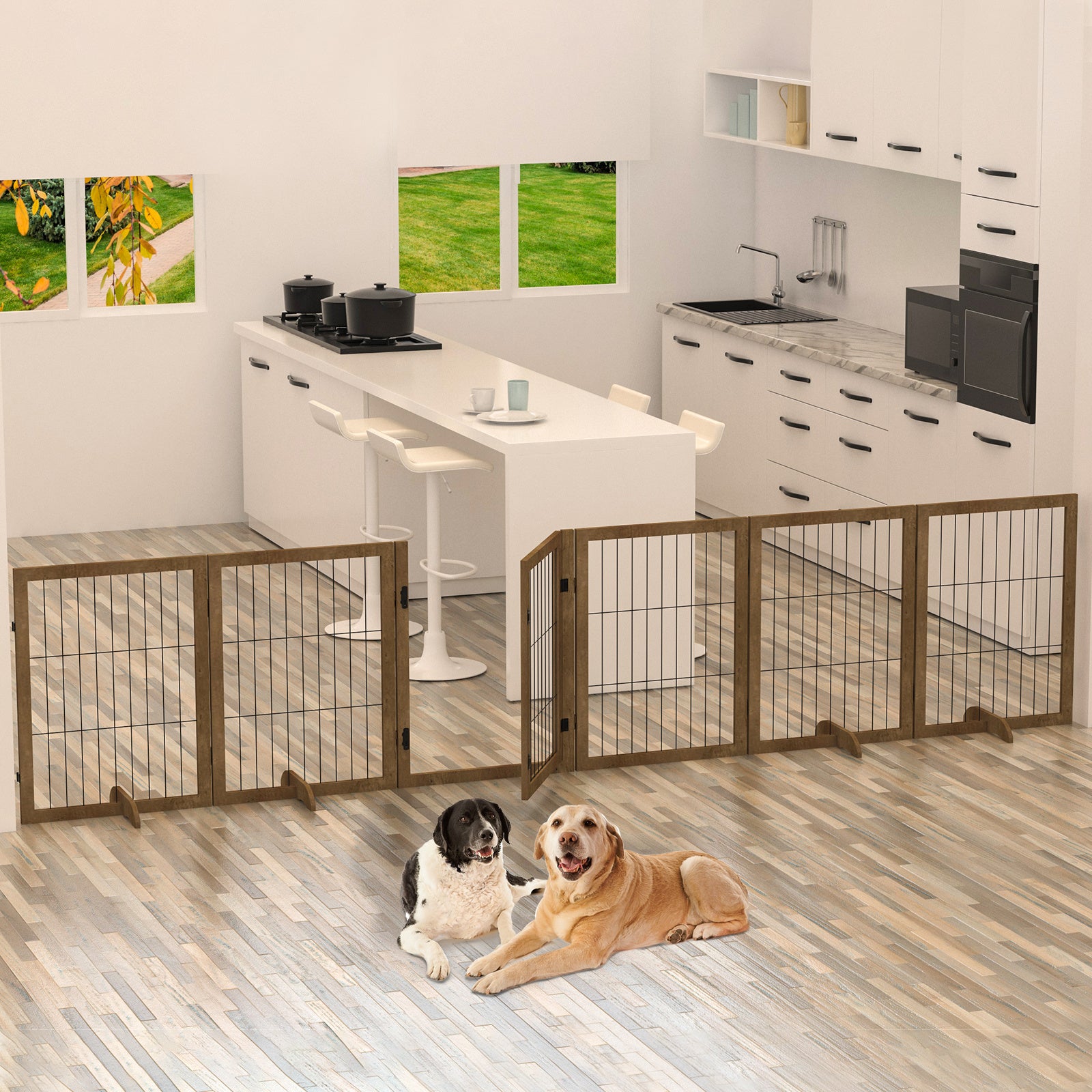 Dog Gate with Door – 6-Panel Pet Fence Barrier, 144" Wide × 32" Tall, Foldable & Configurable into Multiple Shapes