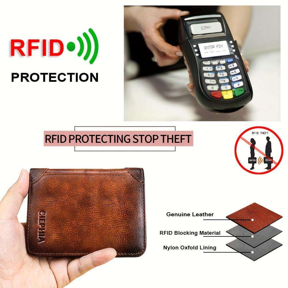 RFID Blocking Trifold Genuine Leather Wallets For Men, Top Layer Cowhide Vintage Short Multi Function Credit Card Holder, Money Clips With 2 ID Windows Valentine'S Day Gifts For Men - PulinGO