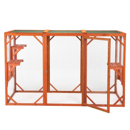 Outdoor Wooden Cat House – Waterproof Asphalt Roof & Fir Mesh Enclosure (Orange)
