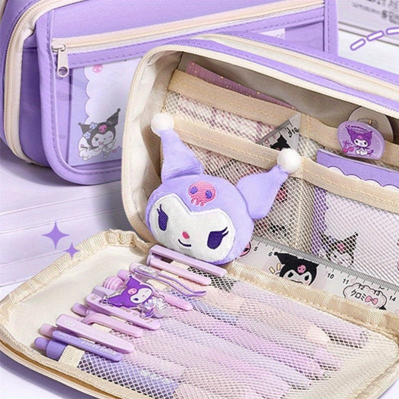 Kuromi Transparent Multi-Compartment Pencil Case – Large Capacity, Free Stickers, Violet-White Design