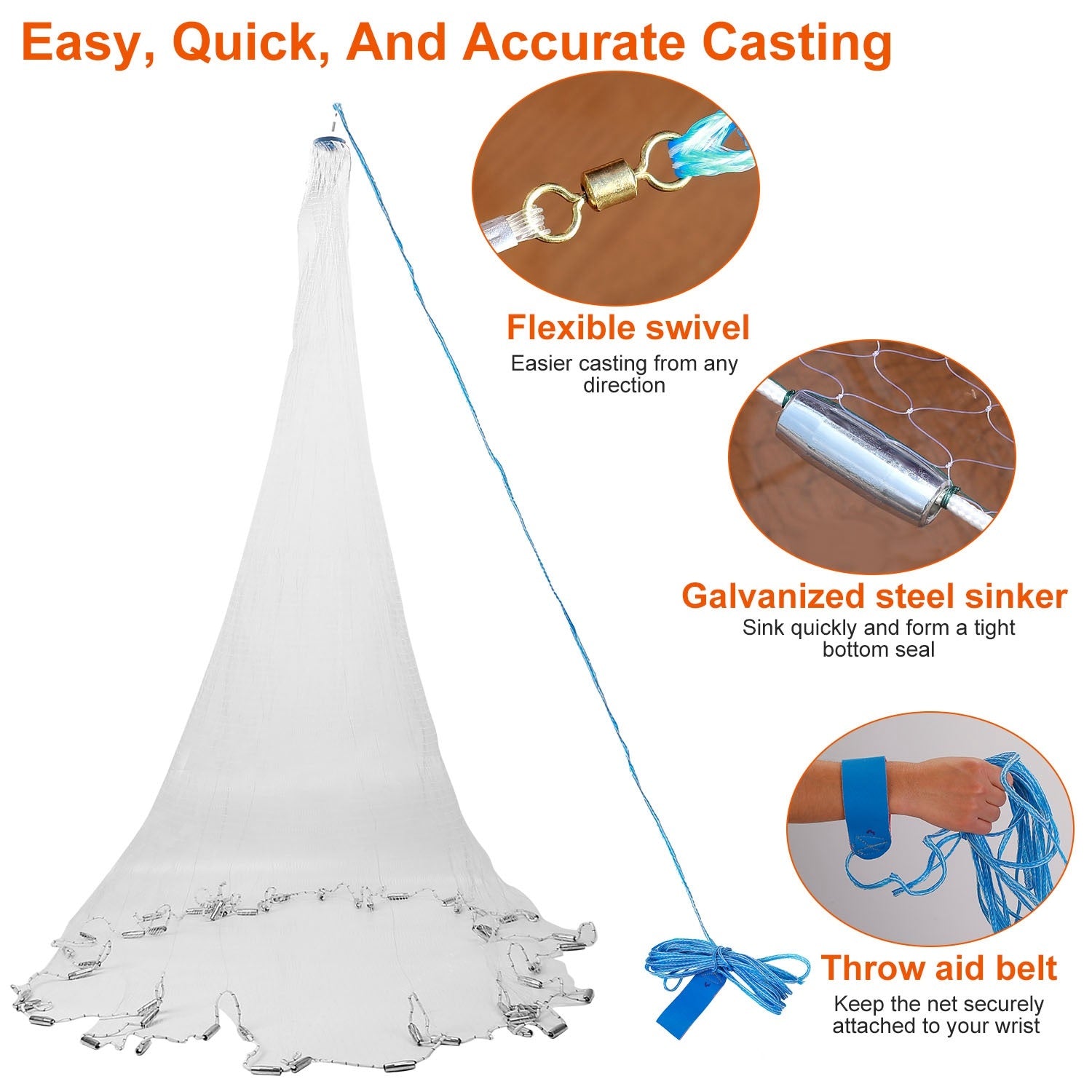 Easy Throw Fishing Cast Net (6ft/8ft Radius) - Heavy-Duty Bait Trap Net with Chain Bottom