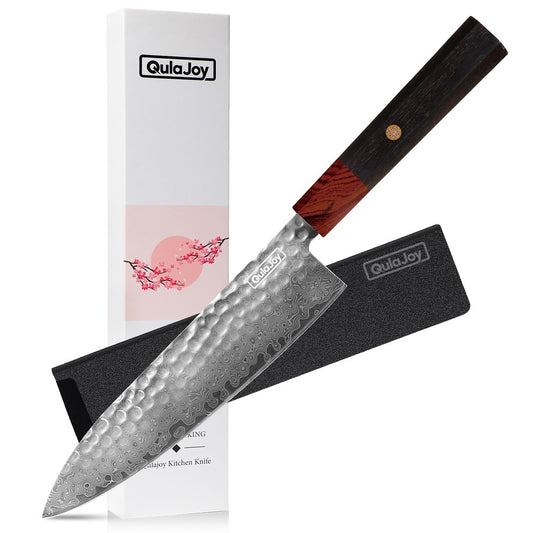 Qulajoy 8‑Inch Japanese Damascus VG‑10 Chef Knife – Hammered Blade with Octagonal African Rosewood Handle & Sheath