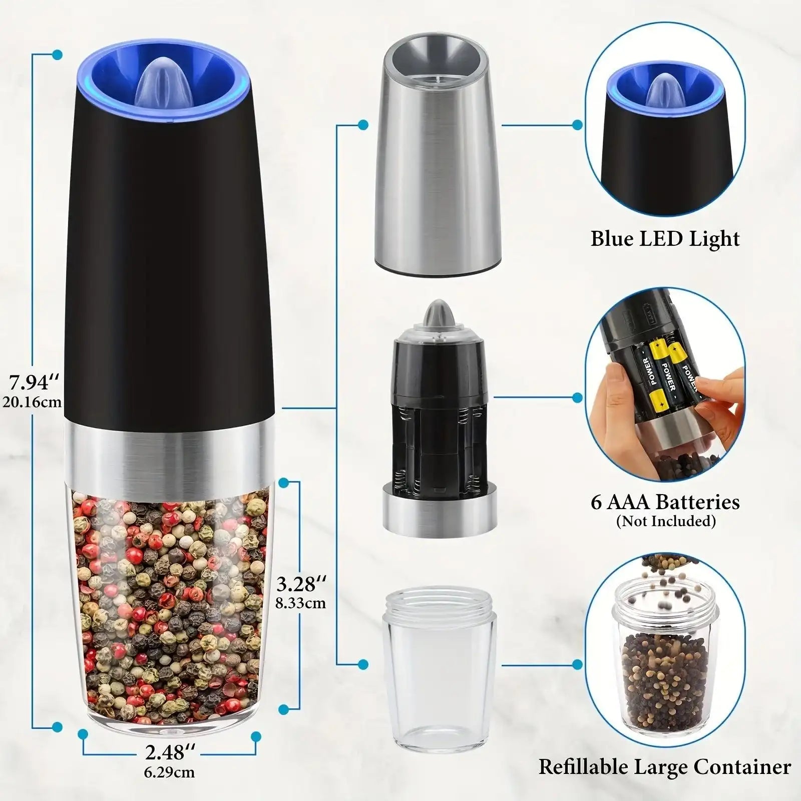 [Gravity Electric Grinder] Automatic Gravity Electric Salt and Pepper Grinder Set - Battery Powered LED Light One Hand Operation - Adjustable Coarseness Mill Grinders Shakers Black, Kitchen Gadgets Gift Ideas - PulinGO