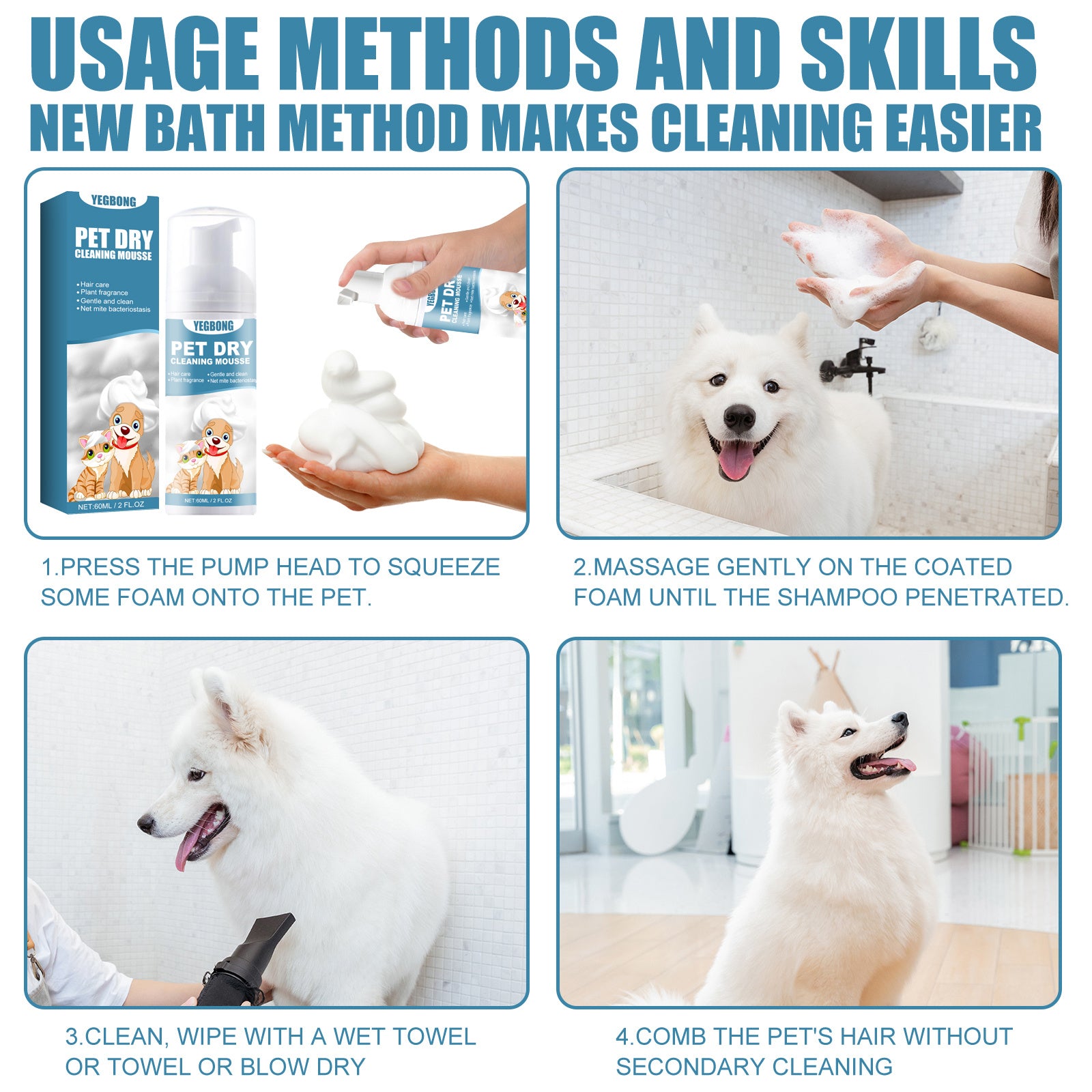 Pet Dry Foam Cleaner – No-Wash Odor Eliminator with Chamomile & Coconut Oil for Fresher, Softer Fur