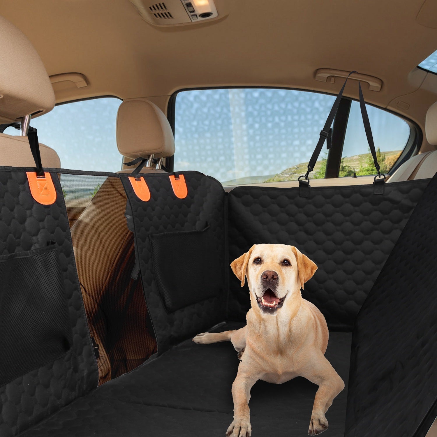 Dog Car Back Seat Cover – Waterproof 600D Oxford Cloth Protector with Zipper Mesh Window, Storage Bags & Side Flaps for Cars, Trucks & SUVs